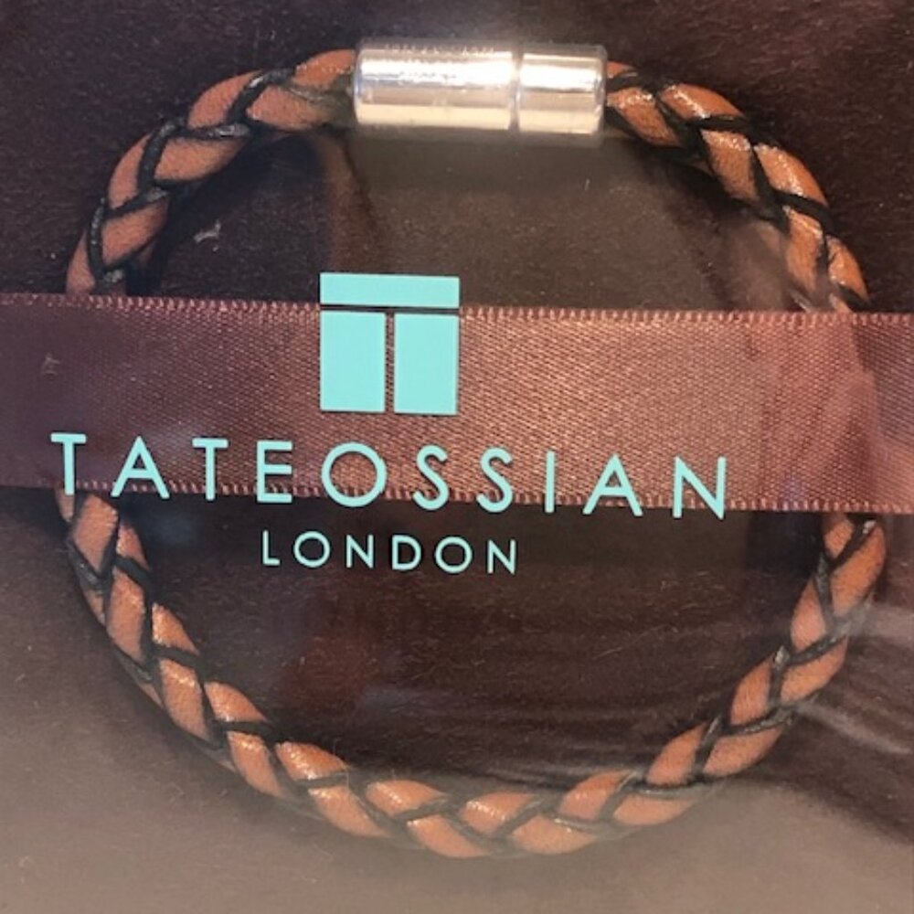 New In Box Tateossian London Men's Tan Leather Herringbone Silver Click Bracelet